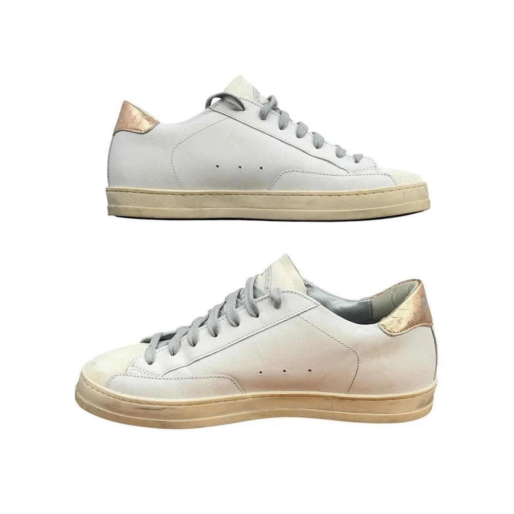 P448 John Sneakers Womens SZ 37 White Gold Low Top Leather Italian Athleisure